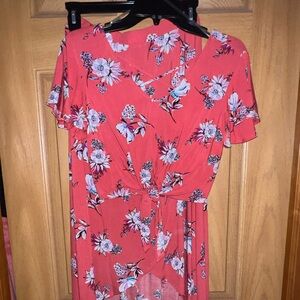 NWT No Boundaries Coral Floral High-Low Skirt Tie Waist Crop Top Size Jrs S 3-5